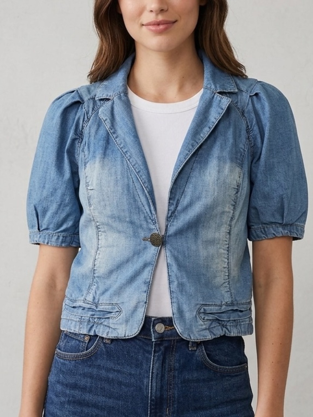 Y2K Vero Moda‎ Light Wash Denim Cropped Puff Sleeve Jean Jacket Size Medium 8
